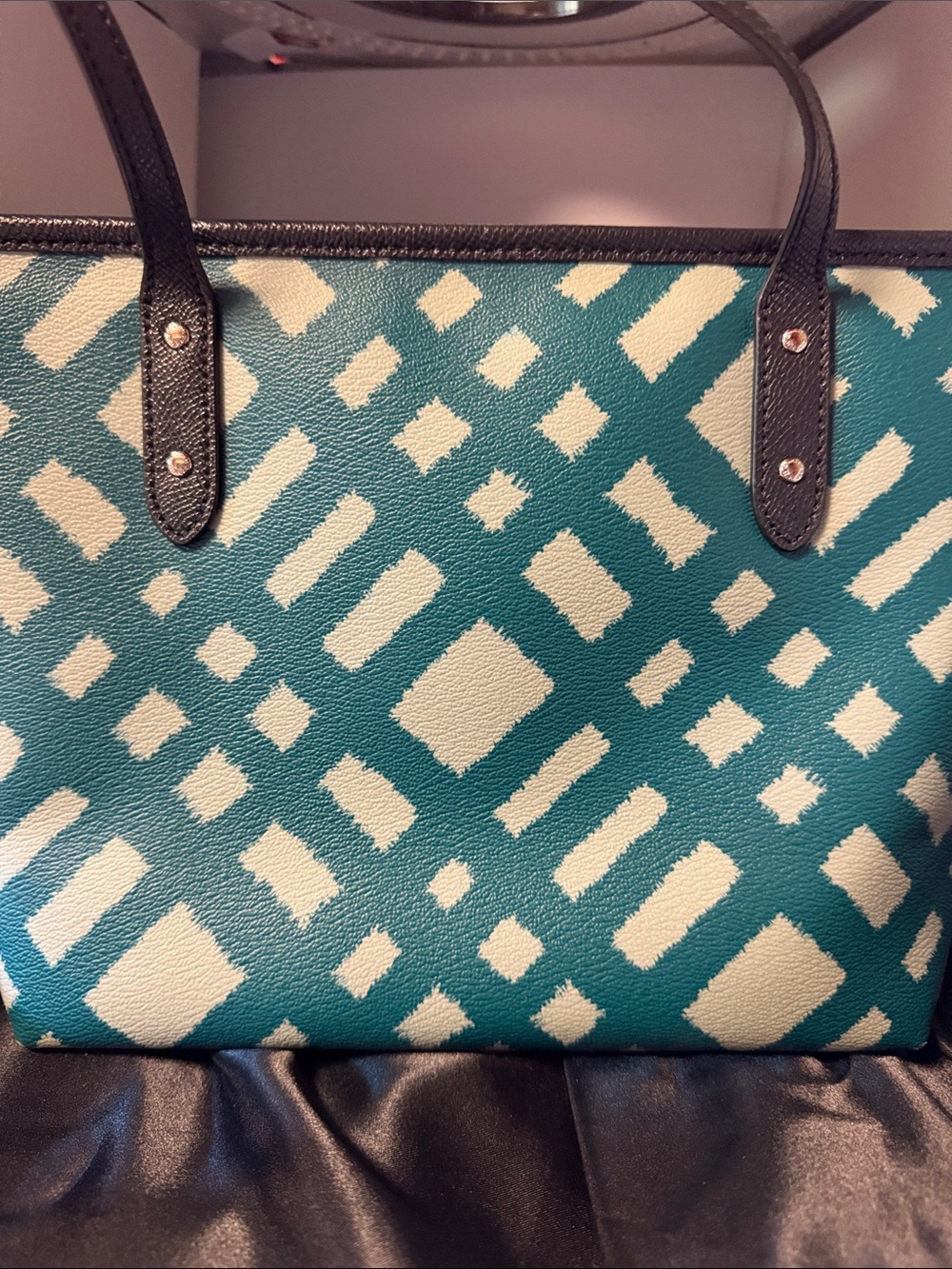 NWOT Coach Geometric Mini Tote Bag Zip-Top in Teal/White Wild Plaid - Picture 14 of 14